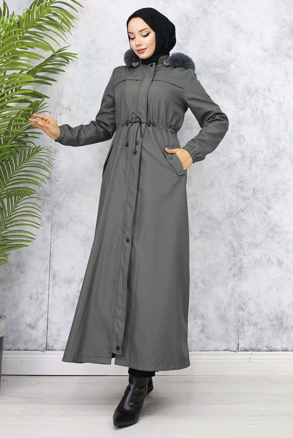Tesettür giyim GRİ KAPÜŞONLU KABAN T 1501