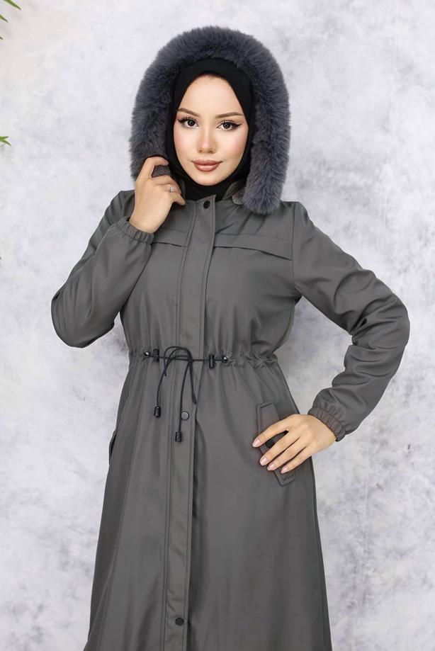 Tesettür giyim GRİ KAPÜŞONLU KABAN T 1501 - TRENDTESETTÜR