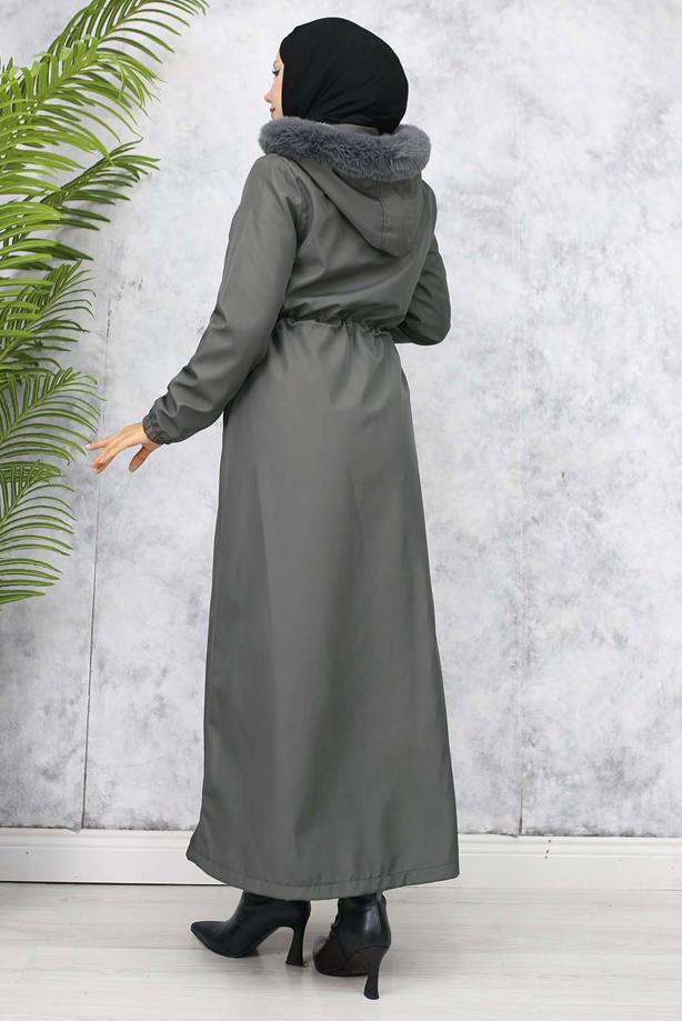 Tesettür giyim GRİ KAPÜŞONLU KABAN T 1501 - TRENDTESETTÜR