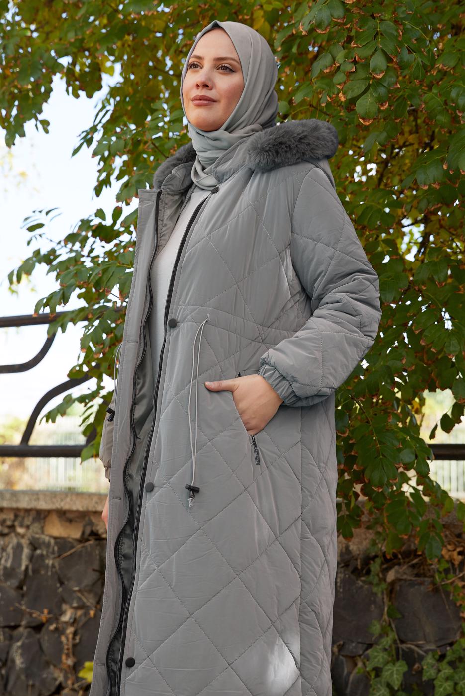 Hijab clothing GREY HOODED PUFFER COAT T 2007
