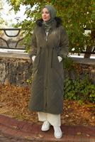 Tesettür giyim HAKİ KAPÜŞONLU ŞİŞME KABAN T 2007