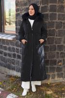 Tesettür giyim SİYAH KAPÜŞONLU ŞİŞME KABAN T 2207