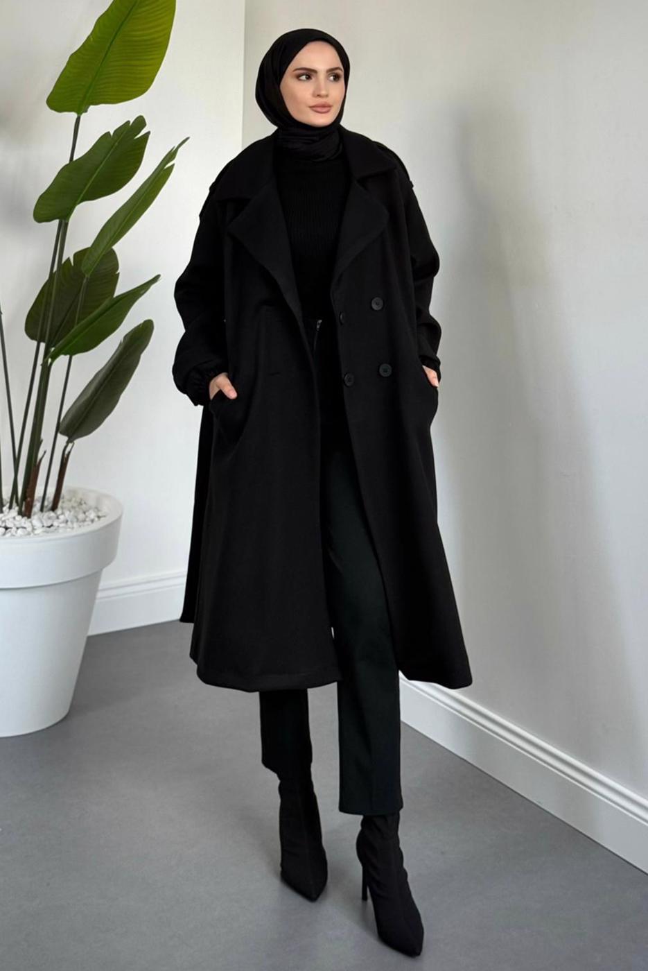 Tesettür giyim SİYAH KUŞAKLI KABAN T 3426