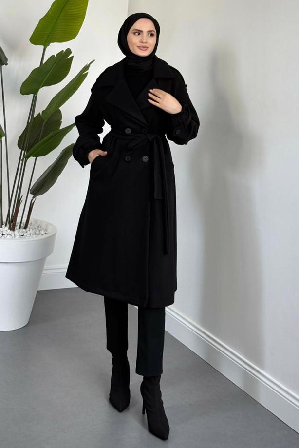 Tesettür giyim SİYAH KUŞAKLI KABAN T 3426 - TRENDTESETTÜR
