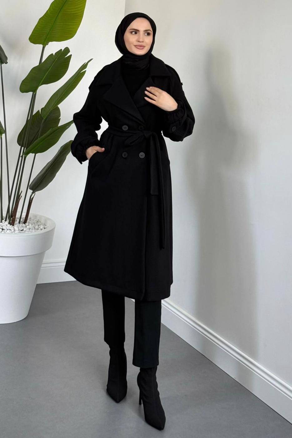 Tesettür giyim SİYAH KUŞAKLI KABAN T 3426