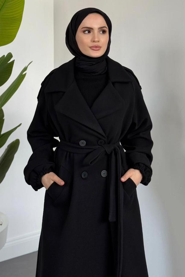Tesettür giyim SİYAH KUŞAKLI KABAN T 3426 - TRENDTESETTÜR