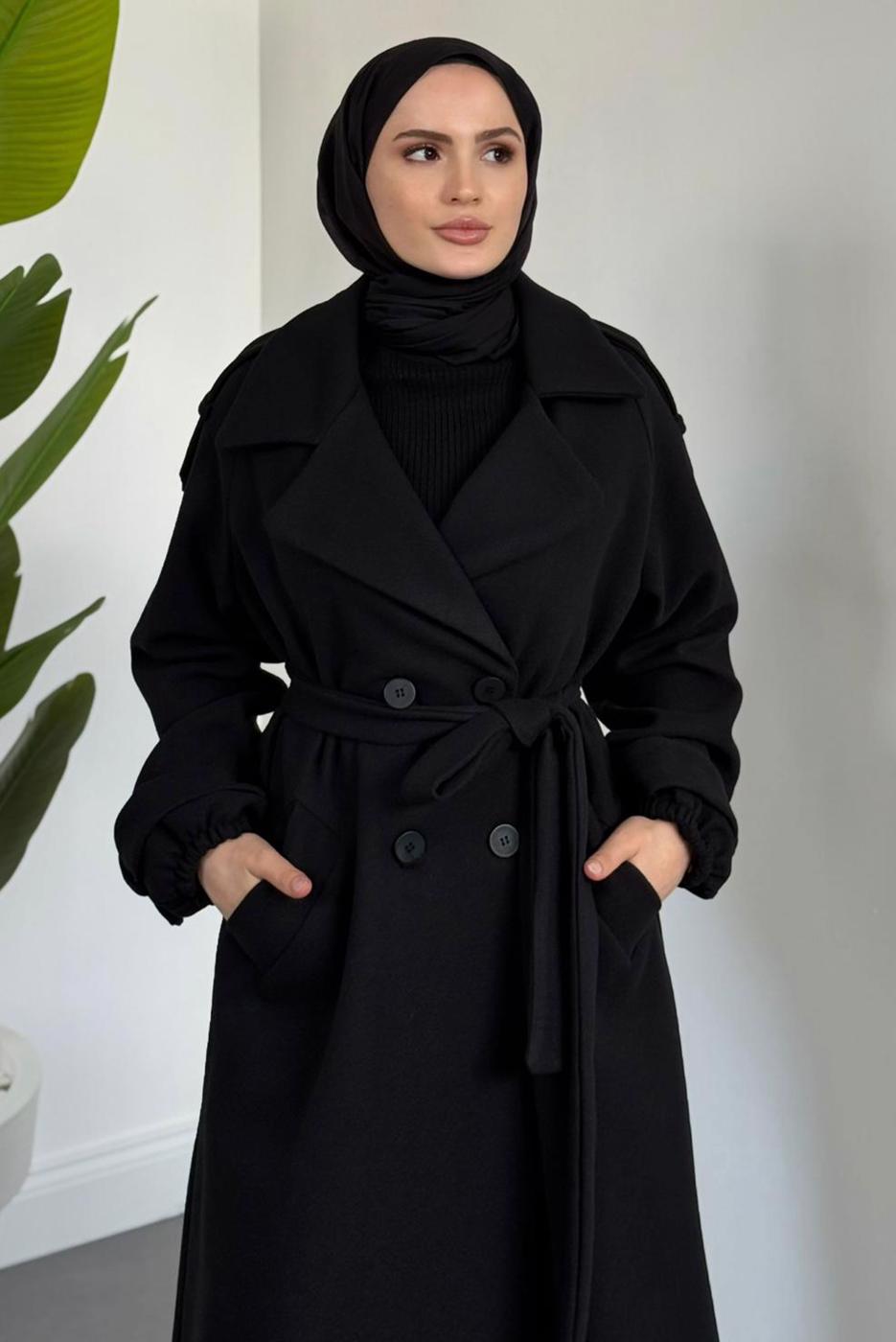 Tesettür giyim SİYAH KUŞAKLI KABAN T 3426