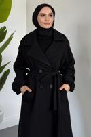 Tesettür giyim SİYAH KUŞAKLI KABAN T 3426