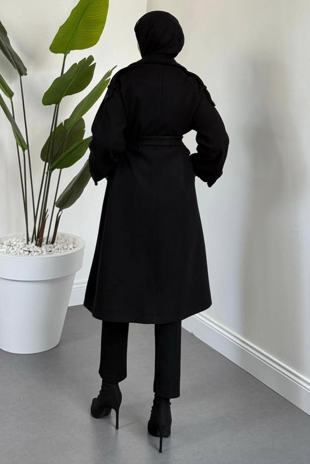 Tesettür giyim SİYAH KUŞAKLI KABAN T 3426 - TRENDTESETTÜR