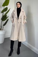 Tesettür giyim BEJ KUŞAKLI KABAN T 3426