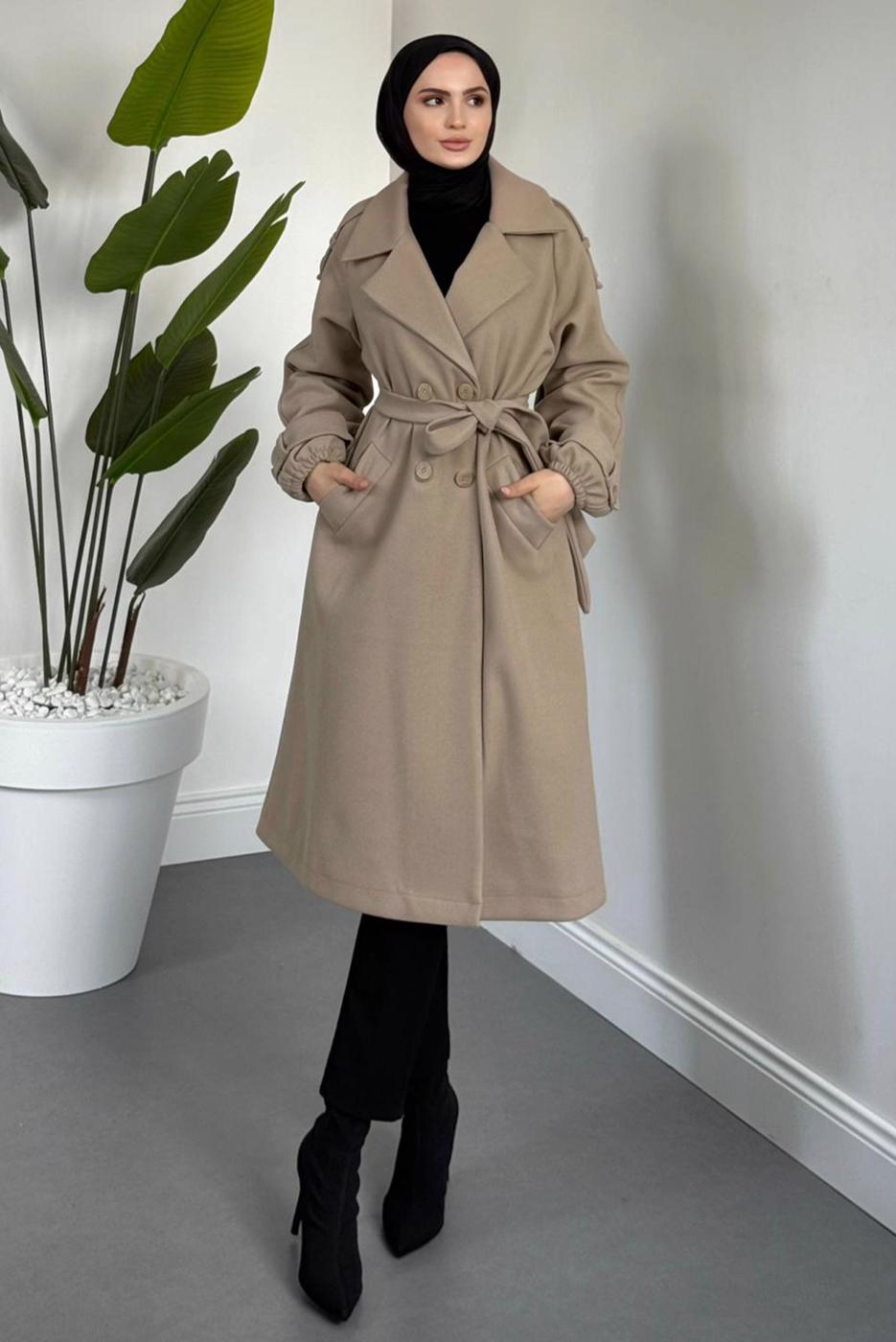 Tesettür giyim VİZON KUŞAKLI KABAN T 3426