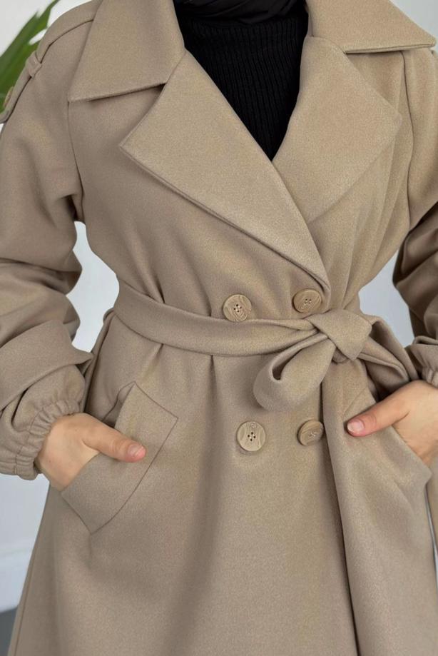 Tesettür giyim VİZON KUŞAKLI KABAN T 3426 - TRENDTESETTÜR