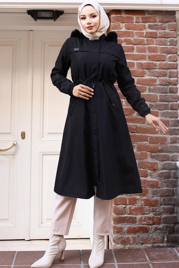 Hijab clothing BLACK HOODED COAT T 3501 - TRENDTESETTÜR
