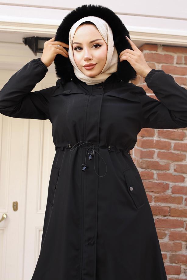 Hijab clothing BLACK HOODED COAT T 3501 - TRENDTESETTÜR