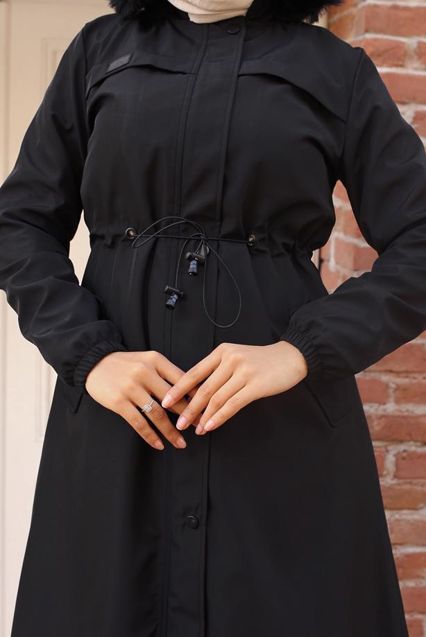 Hijab clothing BLACK HOODED COAT T 3501 - TRENDTESETTÜR