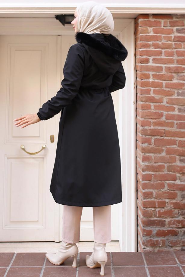 Hijab clothing BLACK HOODED COAT T 3501 - TRENDTESETTÜR