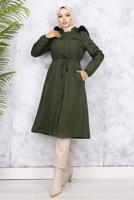 Tesettür giyim HAKİ KAPÜŞONU KÜRKLÜ KABAN T 3501