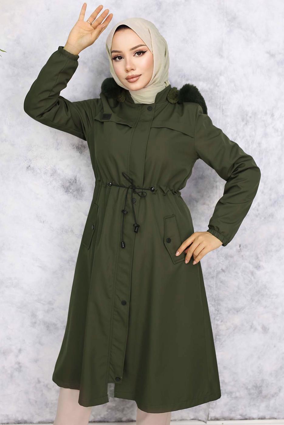 Tesettür giyim HAKİ KAPÜŞONU KÜRKLÜ KABAN T 3501