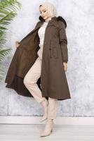 Tesettür giyim KAHVE KAPÜŞONU KÜRKLÜ KABAN T 3501