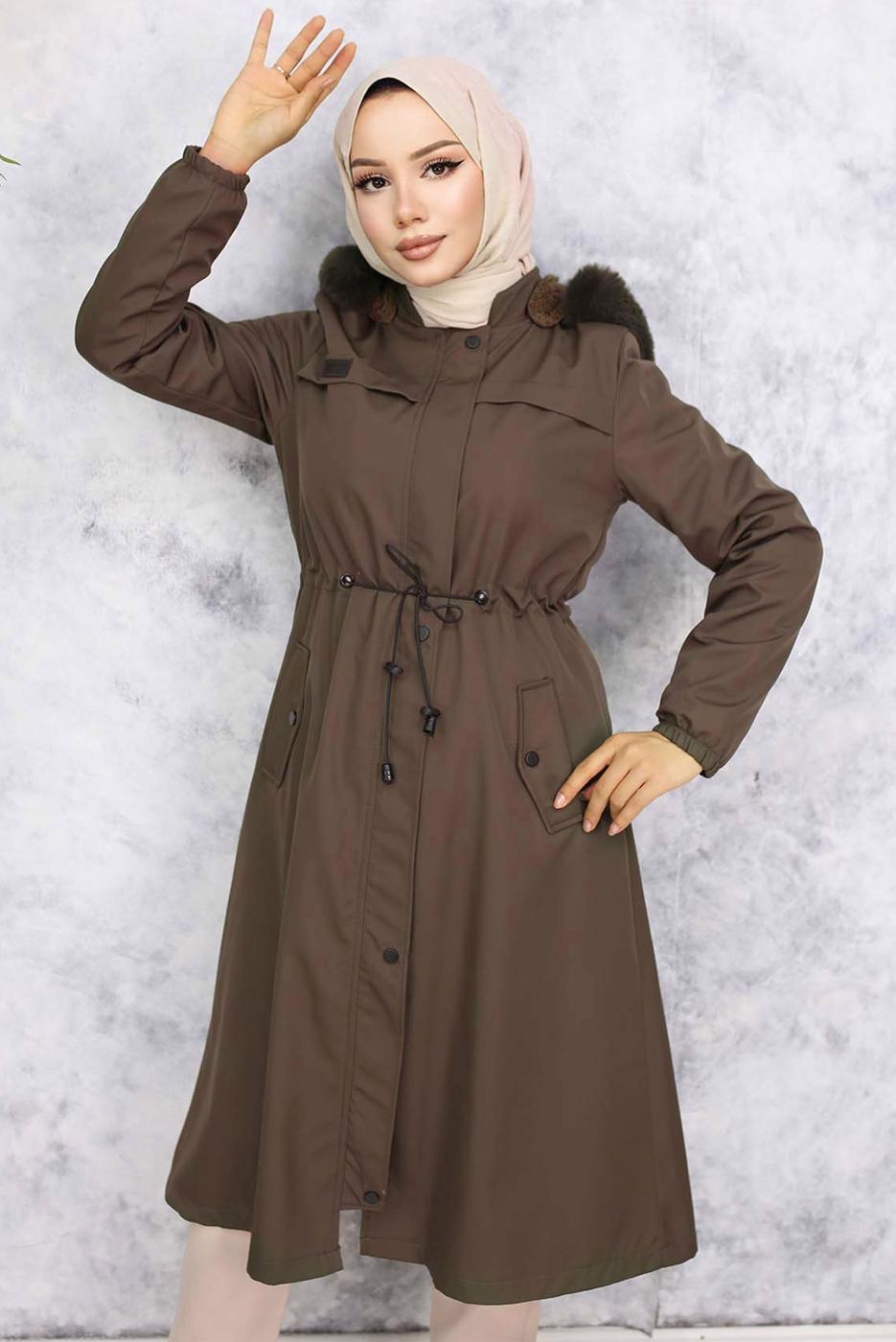 Tesettür giyim KAHVE KAPÜŞONU KÜRKLÜ KABAN T 3501