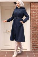 Tesettür giyim LACİVERT KAPÜŞONU KÜRKLÜ KABAN T 3501