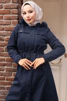 Tesettür giyim LACİVERT KAPÜŞONU KÜRKLÜ KABAN T 3501