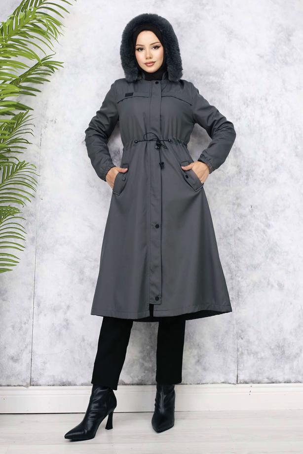 Hijab clothing GREY HOODED COAT T 3501 - TRENDTESETTÜR