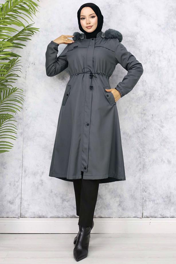 Hijab clothing GREY HOODED COAT T 3501 - TRENDTESETTÜR