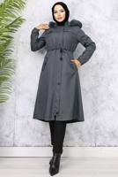 Tesettür giyim GRİ KAPÜŞONU KÜRKLÜ KABAN T 3501