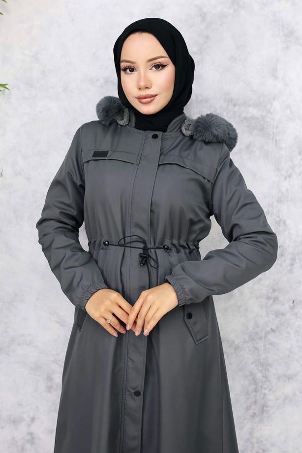 Hijab clothing GREY HOODED COAT T 3501 - TRENDTESETTÜR