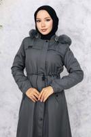 Tesettür giyim GRİ KAPÜŞONU KÜRKLÜ KABAN T 3501