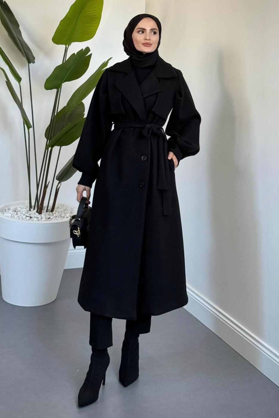 Tesettür giyim SİYAH KUŞAKLI KAŞE KABAN T 3526