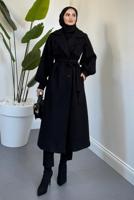 Tesettür giyim SİYAH KUŞAKLI KAŞE KABAN T 3526