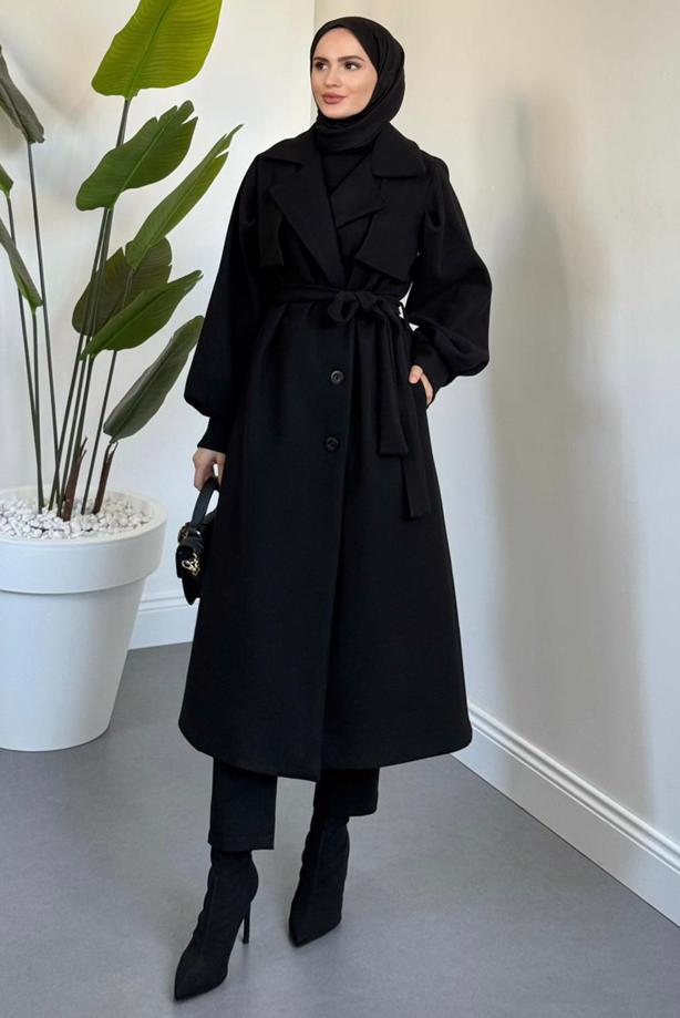 Tesettür giyim SİYAH KUŞAKLI KAŞE KABAN T 3526 - TRENDTESETTÜR