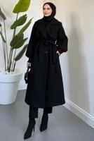 Tesettür giyim SİYAH KUŞAKLI KAŞE KABAN T 3526