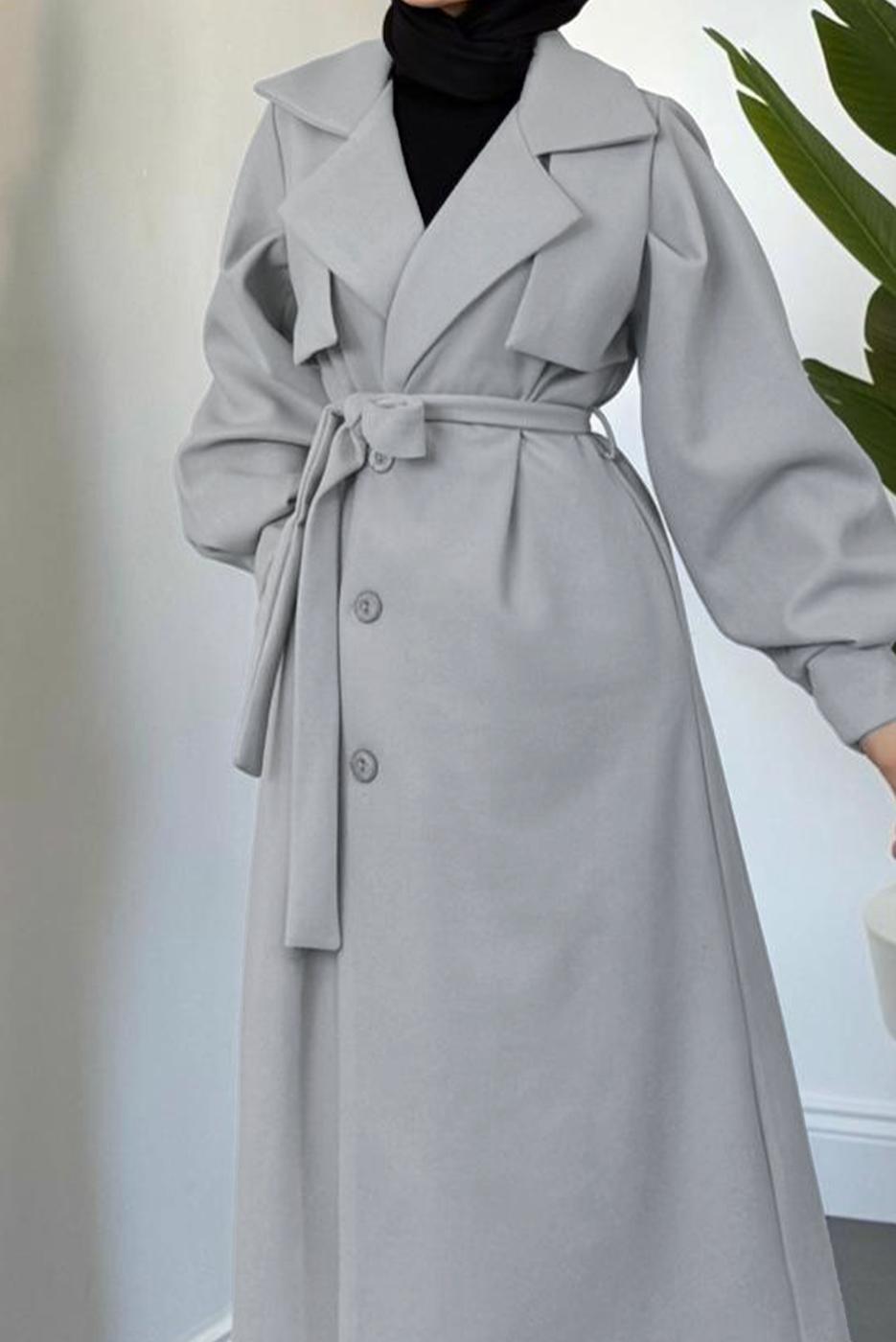Tesettür giyim GRİ KUŞAKLI KAŞE KABAN T 3526