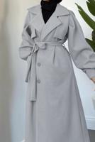 Tesettür giyim GRİ KUŞAKLI KAŞE KABAN T 3526