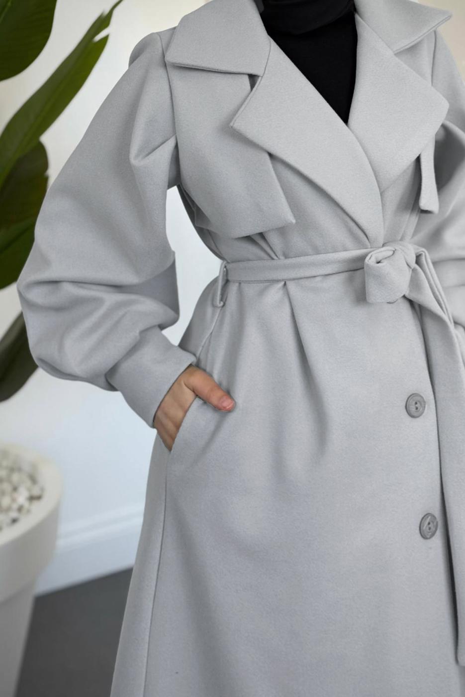 Tesettür giyim GRİ KUŞAKLI KAŞE KABAN T 3526