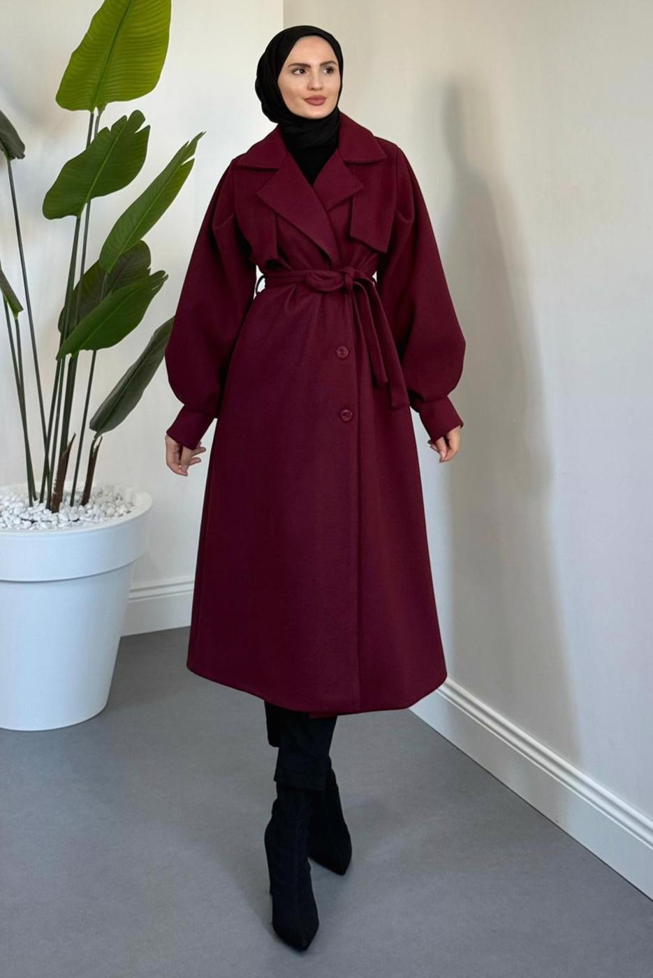 Tesettür giyim BORDO KUŞAKLI KAŞE KABAN T 3526