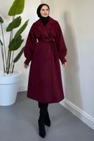 Tesettür giyim BORDO KUŞAKLI KAŞE KABAN T 3526