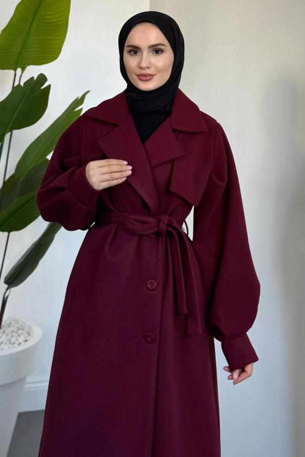 Tesettür giyim BORDO KUŞAKLI KAŞE KABAN T 3526 - TRENDTESETTÜR