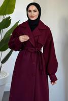 Tesettür giyim BORDO KUŞAKLI KAŞE KABAN T 3526