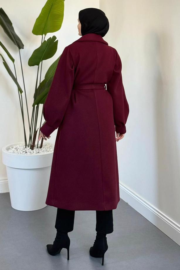 Tesettür giyim BORDO KUŞAKLI KAŞE KABAN T 3526 - TRENDTESETTÜR