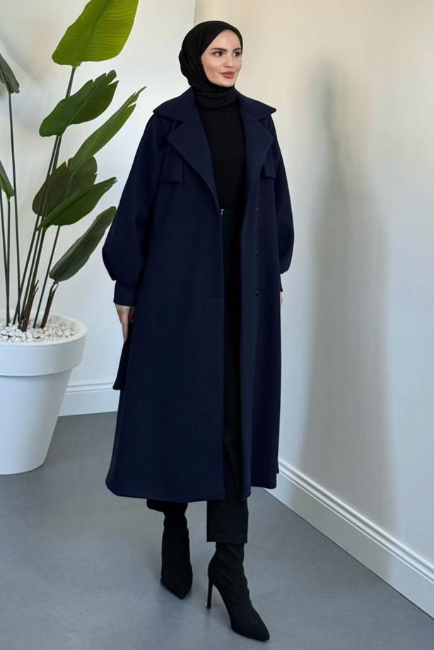 Tesettür giyim LACİVERT KUŞAKLI KAŞE KABAN T 3526 - TRENDTESETTÜR