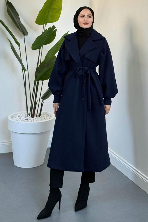 Tesettür giyim LACİVERT KUŞAKLI KAŞE KABAN T 3526 - TRENDTESETTÜR