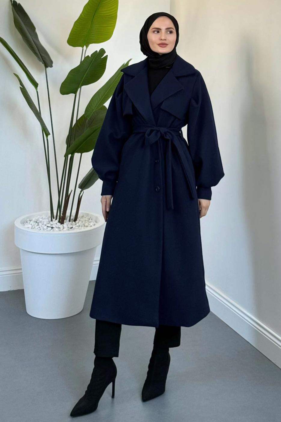 Tesettür giyim LACİVERT KUŞAKLI KAŞE KABAN T 3526