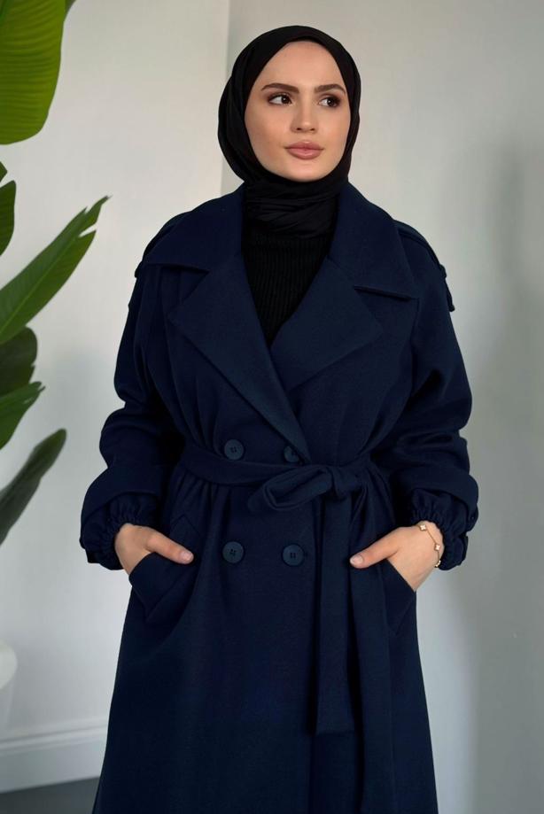 Tesettür giyim LACİVERT KUŞAKLI KAŞE KABAN T 3526 - TRENDTESETTÜR