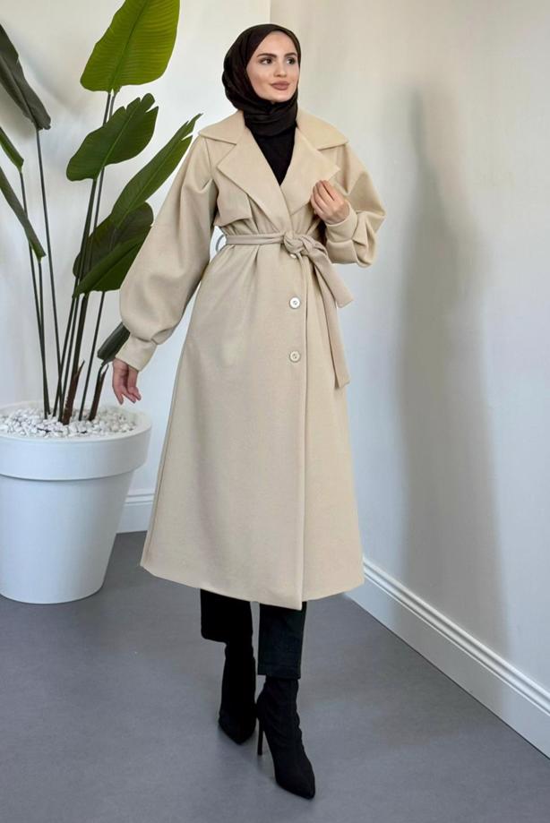 Tesettür giyim BEJ KUŞAKLI KAŞE KABAN T 3526 - TRENDTESETTÜR