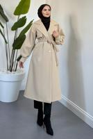 Tesettür giyim BEJ KUŞAKLI KAŞE KABAN T 3526