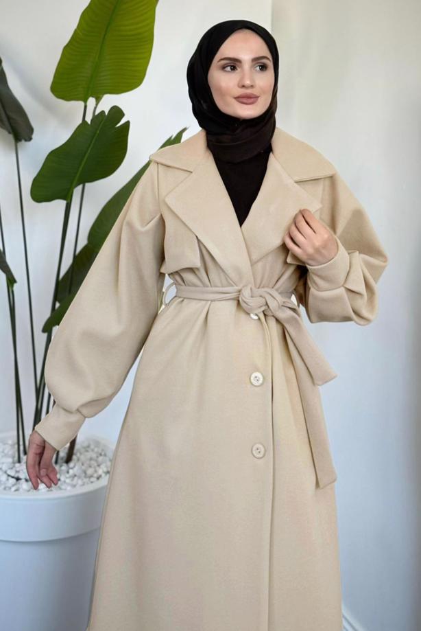 Tesettür giyim BEJ KUŞAKLI KAŞE KABAN T 3526 - TRENDTESETTÜR